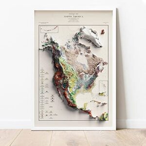 north america geologic vintage hillshading map poster | 11x17 16x24 24x36 minimalist elevation unframed wall art | satellite artwork print | antique rustic old style home decor