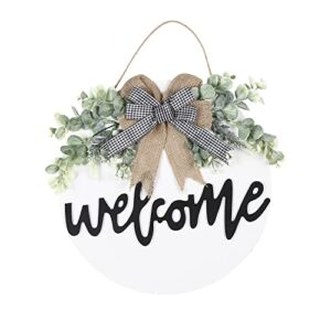 sattiyrch welcome sign for front door round wood sign hanging for farmhouse porch door decoration (white)
