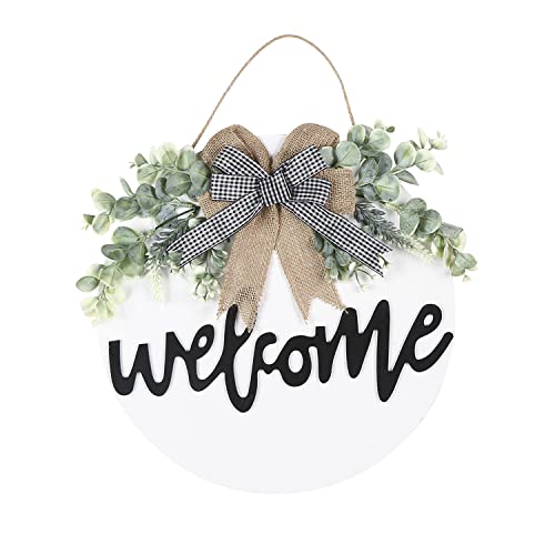 Sattiyrch Welcome Sign for Front Door Round Wood Sign Hanging for Farmhouse porch Door Decoration (White)