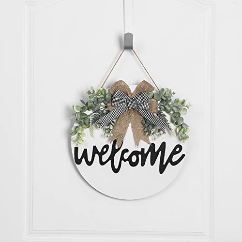 Sattiyrch Welcome Sign for Front Door Round Wood Sign Hanging for Farmhouse porch Door Decoration (White)