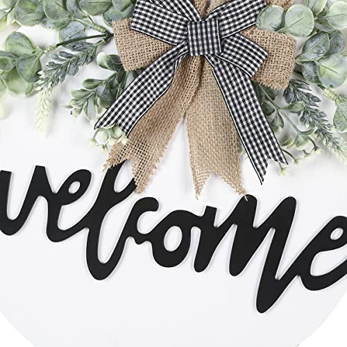 Sattiyrch Welcome Sign for Front Door Round Wood Sign Hanging for Farmhouse porch Door Decoration (White)