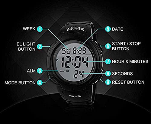 MJSCPHBJK Mens Digital Watch, Sports Military Watches Waterproof Outdoor Chronograph Watch for Men with LED Back Ligh/Alarm/Date