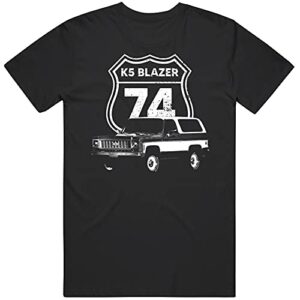 1974 k5 blazer front three quarter view with highway sign t shirt xl black