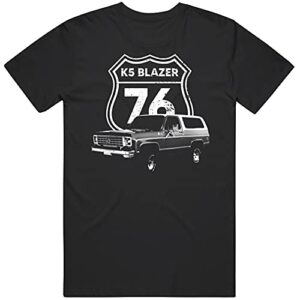 1976 k5 blazer front three quarter view with highway sign t shirt xl black