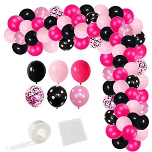 rose red black pink balloon set, 122pcs hot pink, black, rose red color confetti latex balloons for princess girl birthday wedding bridal shower engagement bachelorette girls party decorations