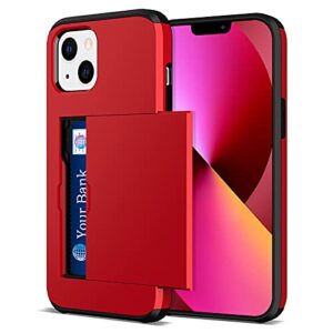 jiunai compatible with iphone 13 mini case, credit card ids holder wallet back pocket slide cover card slot dual layer bumper shell rubber cover phone case designed for iphone 13 mini 5.4'' 2021 red