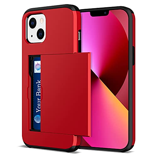 Jiunai Compatible with iPhone 13 Mini Case, Credit Card IDs Holder Wallet Back Pocket Slide Cover Card Slot Dual Layer Bumper Shell Rubber Cover Phone Case Designed for iPhone 13 Mini 5.4'' 2021 Red