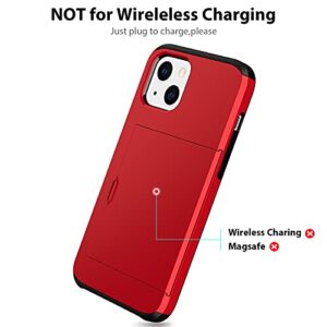 Jiunai Compatible with iPhone 13 Mini Case, Credit Card IDs Holder Wallet Back Pocket Slide Cover Card Slot Dual Layer Bumper Shell Rubber Cover Phone Case Designed for iPhone 13 Mini 5.4'' 2021 Red