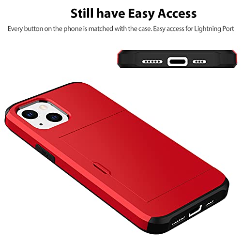Jiunai Compatible with iPhone 13 Mini Case, Credit Card IDs Holder Wallet Back Pocket Slide Cover Card Slot Dual Layer Bumper Shell Rubber Cover Phone Case Designed for iPhone 13 Mini 5.4'' 2021 Red