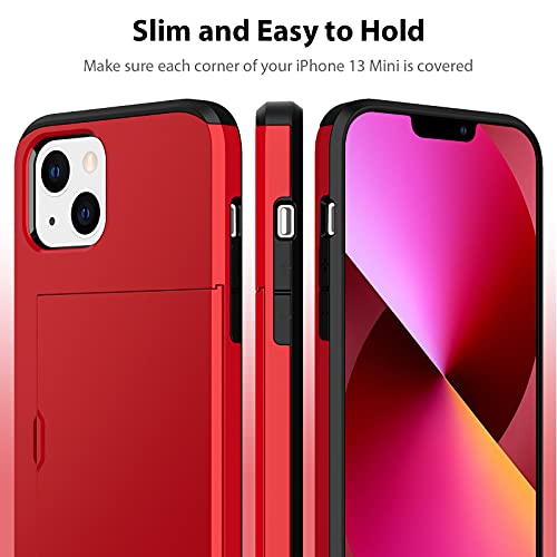 Jiunai Compatible with iPhone 13 Mini Case, Credit Card IDs Holder Wallet Back Pocket Slide Cover Card Slot Dual Layer Bumper Shell Rubber Cover Phone Case Designed for iPhone 13 Mini 5.4'' 2021 Red