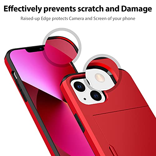 Jiunai Compatible with iPhone 13 Mini Case, Credit Card IDs Holder Wallet Back Pocket Slide Cover Card Slot Dual Layer Bumper Shell Rubber Cover Phone Case Designed for iPhone 13 Mini 5.4'' 2021 Red