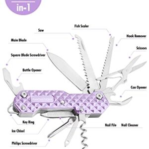 FantastiCAR 15 in 1 Multi-Tool, EDC Folding Pocket Knife with Premium Gift Box for Camping, Fishing, Hunting, Survival, or Outdoor (Purple)