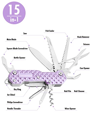 FantastiCAR 15 in 1 Multi-Tool, EDC Folding Pocket Knife with Premium Gift Box for Camping, Fishing, Hunting, Survival, or Outdoor (Purple)