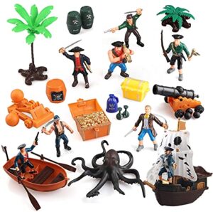kramow pirate action figures play set,educational toys bucket of pirate toy with boat,treasure chest,cannons,octopus,pirate ship and other accessories,war game toys for boys and kids