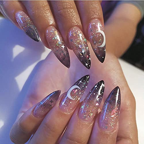 Acenail Extra Long Stiletto Press on Nails Glitter Glossy Moon Star Fake Nails French Clear Ombre False Nails Rhinestones Designs Acrylic Artificial Full Cover Nail Accessories for Women and Girls 24Pcs (Stiletto A)