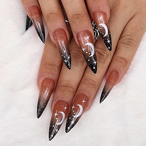 Acenail Extra Long Stiletto Press on Nails Glitter Glossy Moon Star Fake Nails French Clear Ombre False Nails Rhinestones Designs Acrylic Artificial Full Cover Nail Accessories for Women and Girls 24Pcs (Stiletto A)