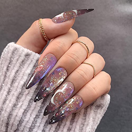 Acenail Extra Long Stiletto Press on Nails Glitter Glossy Moon Star Fake Nails French Clear Ombre False Nails Rhinestones Designs Acrylic Artificial Full Cover Nail Accessories for Women and Girls 24Pcs (Stiletto A)