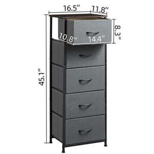 Somdot Tall Dresser for Bedroom with 5 Drawers, Storage Chest of Drawers with Removable Fabric Bins for Closet Bedside Nursery Laundry Living Room Entryway Hallway, Charcoal Grey/Dark Walnut