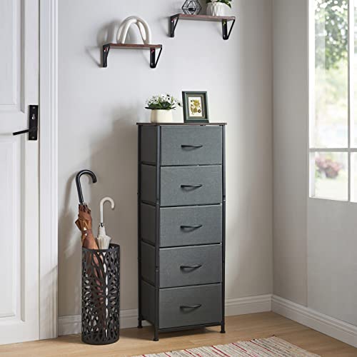 Somdot Tall Dresser for Bedroom with 5 Drawers, Storage Chest of Drawers with Removable Fabric Bins for Closet Bedside Nursery Laundry Living Room Entryway Hallway, Charcoal Grey/Dark Walnut