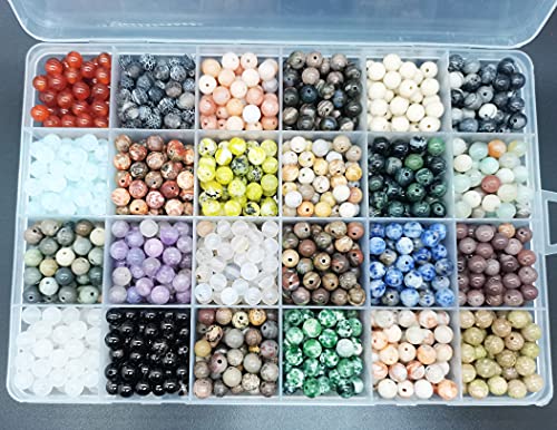 1200pcs 6mm Natural Round Stone Beads Gemstone Beading Loose Gemstone Beads Hole Size 1mm DIY Smooth Beads for Bracelet Necklace Earrings Jewelry Making,Box Packed (24 Material -2,6mm)