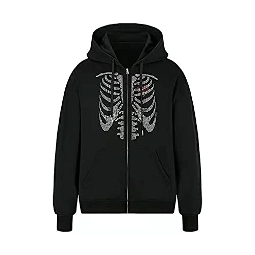 Women's Y2K Rhinestone Skull Hoodie Zip Up Oversized Casual Drawstring Hoodie E-Girl 90s Streetwear Jacket Tracksuit(G-black,S）