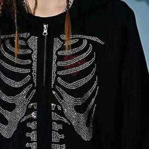 Women's Y2K Rhinestone Skull Hoodie Zip Up Oversized Casual Drawstring Hoodie E-Girl 90s Streetwear Jacket Tracksuit(G-black,S）