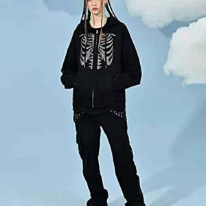 Women's Y2K Rhinestone Skull Hoodie Zip Up Oversized Casual Drawstring Hoodie E-Girl 90s Streetwear Jacket Tracksuit(G-black,S）