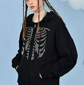 Women's Y2K Rhinestone Skull Hoodie Zip Up Oversized Casual Drawstring Hoodie E-Girl 90s Streetwear Jacket Tracksuit(G-black,S）