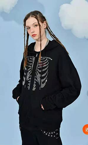 Women's Y2K Rhinestone Skull Hoodie Zip Up Oversized Casual Drawstring Hoodie E-Girl 90s Streetwear Jacket Tracksuit(G-black,S）