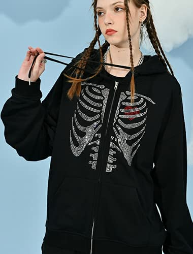 Women's Y2K Rhinestone Skull Hoodie Zip Up Oversized Casual Drawstring Hoodie E-Girl 90s Streetwear Jacket Tracksuit(G-black,S）