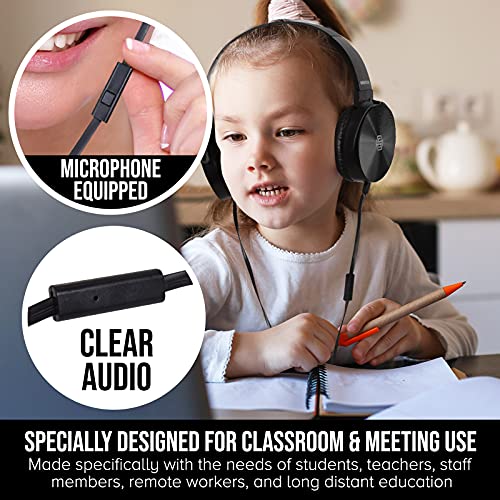 Classroom Headphones-Bulk 10-Pack, Student On Ear Comfy Swivel Earphones for Library, School, Airplane, Kids-for Online Learning and Travel, HQ Stereo Sound 3.5mm Jack (Black with Microphone)