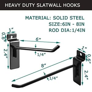 48Pack 6"and 8" Black Slatwall Hooks, Heavy Duty Slatwall Hooks & Hangers for Commercial Retail and Exhibition, 1/4”Dia Slatwall Panel Hooks Metal Pegboard Hooks for Garage Shop Supermarket