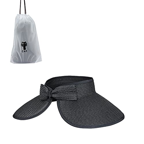 Andiker Women Roll Up Sun Visors Hat, Fordable Wide Brim Ponytail Beach Hat with A Storage Bag Black