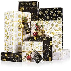 rancco christmas wrapping paper w/ 4 pcs gift tag stickers, 6 metallic glossy gift wrapping paper w/snowflake, candy cane, christmas trees, happy new year pattern for xmas gift wrap, 27.6x19.7/sheet