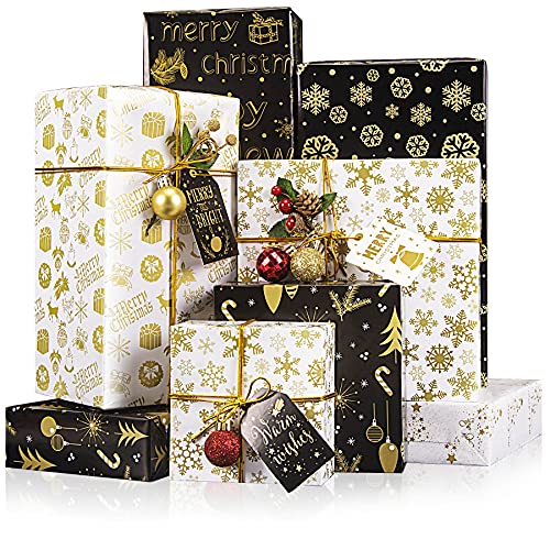 Rancco Christmas Wrapping Paper w/ 4 Pcs Gift Tag Stickers, 6 Metallic Glossy Gift Wrapping Paper w/Snowflake, Candy Cane, Christmas Trees, Happy New Year Pattern for Xmas Gift Wrap, 27.6x19.7/sheet