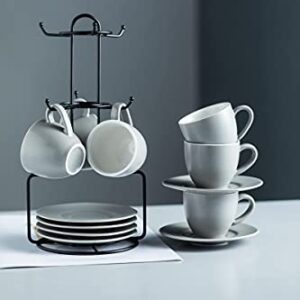 YHOSSEUN Porcelain Espresso Cups Set and Metal Stand 3 OZ Demitasse Cup For Coffee Shot, Mugs for Latte, Cafe Mocha, Cappuccino, and Tea, Serve for 6 Gray