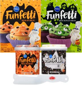 pillsbury funfetti halloween bundle, 1 of each chocolate slime cake mix and halloween cake mix, 1 of each frosting with sprinkles, black chocolate and orange vanilla (pack of 4) with by the cup spreader