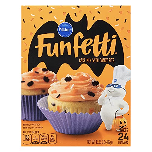 Pillsbury Funfetti Halloween Bundle, 1 of each Chocolate Slime Cake Mix and Halloween Cake Mix, 1 of each Frosting with Sprinkles, Black Chocolate and Orange Vanilla (Pack of 4) with By The Cup Spreader