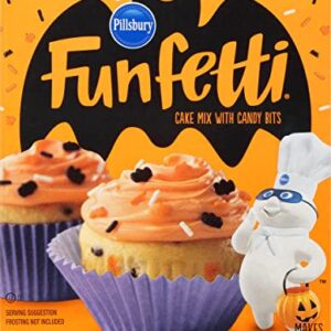 Pillsbury Funfetti Halloween Bundle, 2 Cake Mixes with Candy Bits, 1 of each Frosting with Sprinkles, Black Chocolate and Orange Vanilla (Pack of 4) with By The Cup Spreader