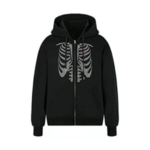 women's y2k hoodie gothic skeleton print cardigan sweatshirts long sleeve oversized pullover jacket (black , large )