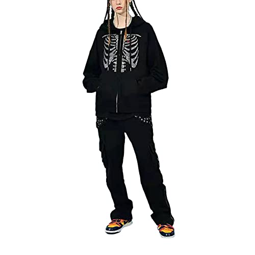 Women's Y2K Hoodie Gothic Skeleton Print Cardigan Sweatshirts Long Sleeve Oversized Pullover Jacket (Black , Large )