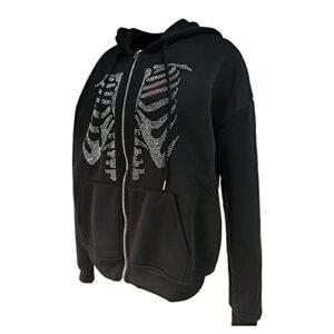 Women's Y2K Hoodie Gothic Skeleton Print Cardigan Sweatshirts Long Sleeve Oversized Pullover Jacket (Black , Large )