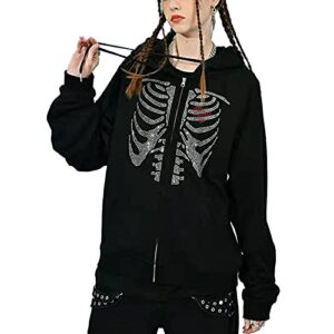 Women's Y2K Hoodie Gothic Skeleton Print Cardigan Sweatshirts Long Sleeve Oversized Pullover Jacket (Black , Large )