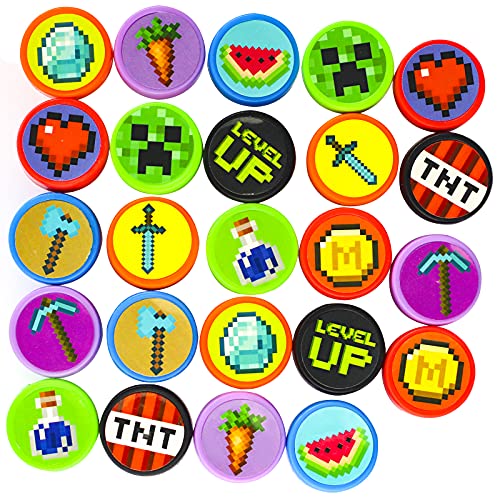24 Pcs Pixel Miner Themed Stampers for Kids, Mine Pixel Craft Birthday Party Favors Supplies, Classroom Rewards Prizes Goody Bag Treat Bag Stuffers