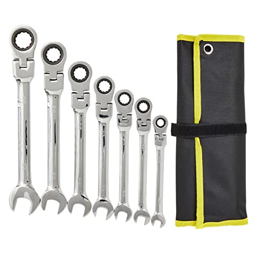 Built Industrial 7 Piece Flex Head Ratcheting Wrench Set, Imperial/SAE 5/16 to 3/4 Inch Chrome Vanadium Steel Combination Wrenches