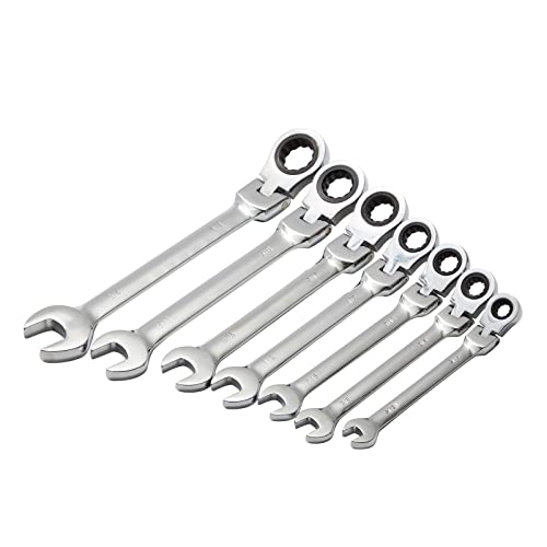 Built Industrial 7 Piece Flex Head Ratcheting Wrench Set, Imperial/SAE 5/16 to 3/4 Inch Chrome Vanadium Steel Combination Wrenches