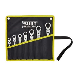Built Industrial 7 Piece Flex Head Ratcheting Wrench Set, Imperial/SAE 5/16 to 3/4 Inch Chrome Vanadium Steel Combination Wrenches