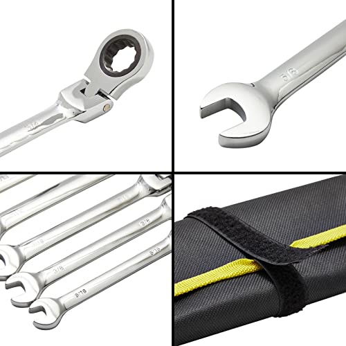 Built Industrial 7 Piece Flex Head Ratcheting Wrench Set, Imperial/SAE 5/16 to 3/4 Inch Chrome Vanadium Steel Combination Wrenches