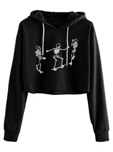 remidoo women's casual skull print long sleeve crop top hoodie sweatshirt sk-black medium