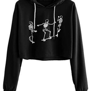 Remidoo Women's Casual Skull Print Long Sleeve Crop Top Hoodie Sweatshirt SK-Black Medium